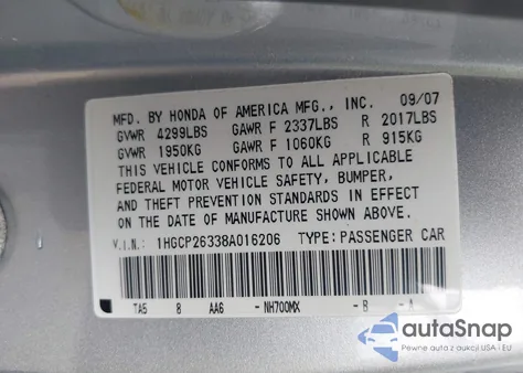 2008 Honda Accord 2.4 Lx из США, поврежденный, VIN 1HGCP26338A016206